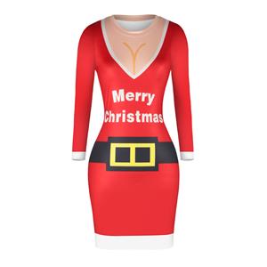 Women's Christmas Dress, Bodycon Christmas Dress, Long Sleeve Christmas Dress, Womens Christmas Deer Print Dress, Round Neck Midi Dress, #N15085