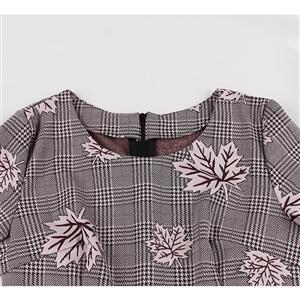 Vintage Round Neck Half Sleeves Maple Leaves Printed A-Line Dress N18034
