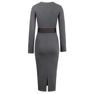 Women's Round Neck Long Sleeve Mesh Patchwork Midi Dresses N14941