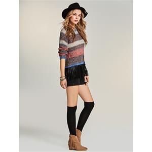 Women's Round Neck Long Sleeve Stripe Tassel Pullover Sweater N15975