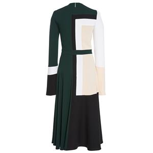 Women's Round Neck Long Sleeve Color Block A-Line Mid-Calf Day Dresses N14963