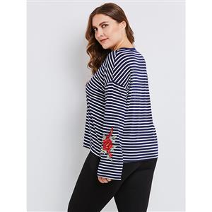 Women's Round Neck Long Sleeve Stripe Flower Embroidery T-Shirt Plus Size N15346