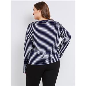 Women's Round Neck Long Sleeve Stripe Flower Embroidery T-Shirt Plus Size N15346