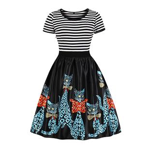Vintage Round Neck Short Sleeves Cool Cats Printed High Waist Dress N18038