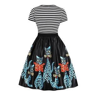 Vintage Round Neck Short Sleeves Cool Cats Printed High Waist Dress N18038