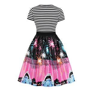 Fashion Round Neck Short Sleeves Colorful Fireworks Printed High Waist Dress N18036