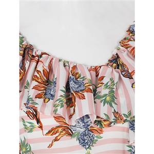 Women's Round Neck Stripe Floral Print Falbala Asymmetrical Midi Dress N15697