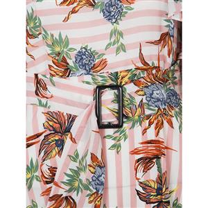 Women's Round Neck Stripe Floral Print Falbala Asymmetrical Midi Dress N15697
