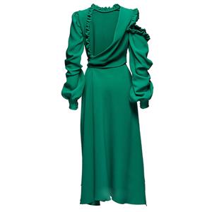 Women's Fashion Green Ruffled Collar Lantern Sleeve Irregular Maxi Dress N15055