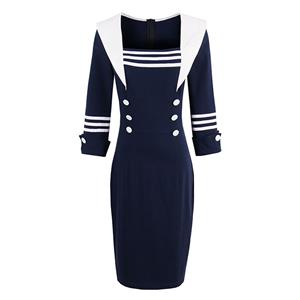 Modern Sailor Style Dark Blue Square Neck 3/4 Sleeve Bodycon Dress N14305