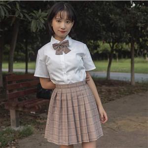 Cute Lapel Tie Short Sleeve Blouse With Plaid Pleated Skirt Set School Girl Cosplay Costume N20556