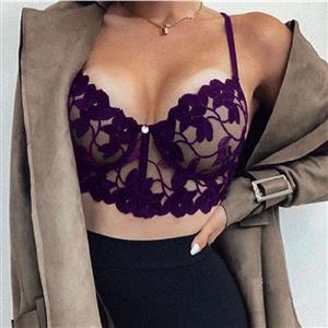 Sexy Charming Purple See-through Floral Lace Three-point Bra Crop Top N21256