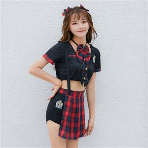 4pcs Naughty School Girl Crop Top Checkered Braces Pleated Skirt Adult Cosplay Costume N19470