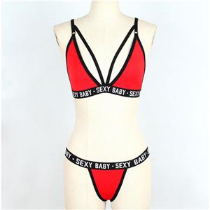 Sexy Red Deep V Hollow Out Stretch Letters Three-point Underwear Bikini Beach Swimsuit N21317