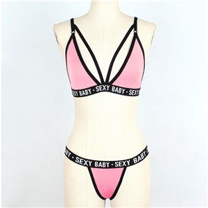 Sexy Pink Deep V Hollow Out Stretch Letters Three-point Underwear Bikini Beach Swimsuit N21319