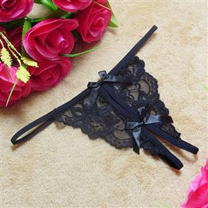 Sexy Black Bow Crotchless Floral Lace T-back G-string PT17499