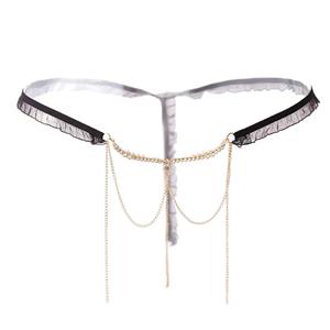 Sexy Black Elastic Lace Trim Thong Pearl Chain Underwear Low Waist G-string PT20672