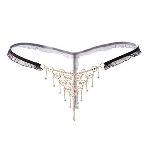 Sexy Black Elastic Lace Trim Thong Beads Chain Tassel Underwear Low Waist G-string PT20674