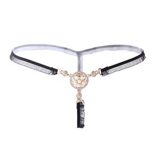 Sexy Black Elastic Lace Trim Thong Crystal Jewelry Underwear Rhinestone G-string PT20670