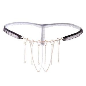 Sexy Black Elastic Lace Trim Thong Chain Tassel Underwear Bead Accessories G-string PT20669