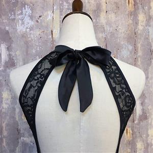 Sexy Black Floral Lace Halter Neck Romper Bodysuit N12766