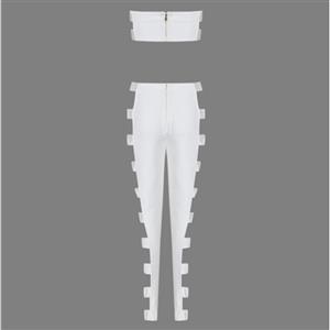 Sexy White Hollow Out Metal Embellished Two Pieces Set Bandage Pants Set N15215