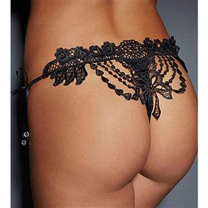 Sexy Black Hollow Out Floral Lace See-through Mesh Lace-up Thong PT16452