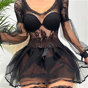 Sexy Black Floral Lace See-through Long Sleeve Mini Dress with Thong Lingerie N23087