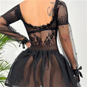 Sexy Black Floral Lace See-through Long Sleeve Mini Dress with Thong Lingerie N23087