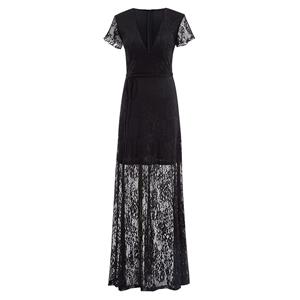 Women's Sexy Black Lace Short Sleeve Deep V Neck Maxi Prom Evening Gowns N16042
