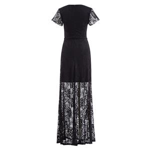 Women's Sexy Black Lace Short Sleeve Deep V Neck Maxi Prom Evening Gowns N16042