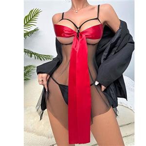 Sexy Black Mesh See-through Red Ribbon Spaghetti Straps Babydoll Sleepwear Lingerie N23344