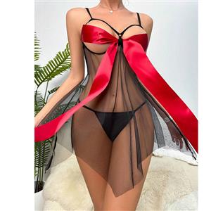 Sexy Black Mesh See-through Red Ribbon Spaghetti Straps Babydoll Sleepwear Lingerie N23344