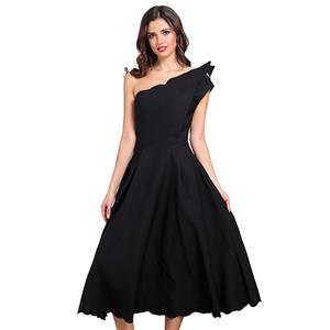 Sexy Dress for Women, Fashion Midi Dresses, Swing Party Dress, Oblique Neck Swing Dress, One Shoulder Dresses, Black Midi Party Dress, #N15246