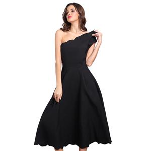 Women's Sexy Black Oblique Neck One Shoulder Swing Midi Party Dress N15246