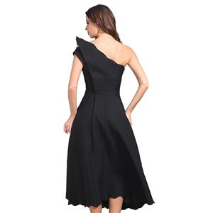 Women's Sexy Black Oblique Neck One Shoulder Swing Midi Party Dress N15246