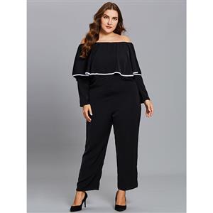 Women's Sexy Black Off Shoulder Long Sleeve Falbala Plus Size Jumpsuit N15537
