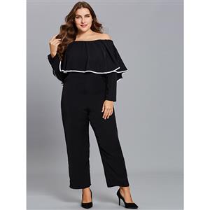 Women's Sexy Black Off Shoulder Long Sleeve Falbala Plus Size Jumpsuit N15537