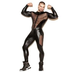 Men's Sexy Glossy PVC Tight-fitting Lingerie Sheer Mesh One-piece Stretchy Clubwear Jumpsuit N18999
