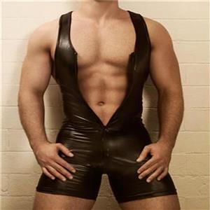 Men's Sexy Glossy PVC Tight-fitting Tank and Shorts Lingerie One-piece Stretchy Jumpsuit N19001