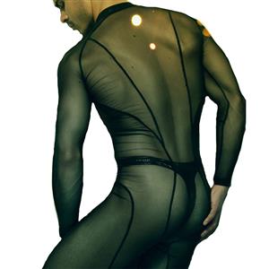 Men's Sexy See-through Mesh Bodysuit Long Sleeve BDSM Clothing Bondage Stretchy Clubwear N20101