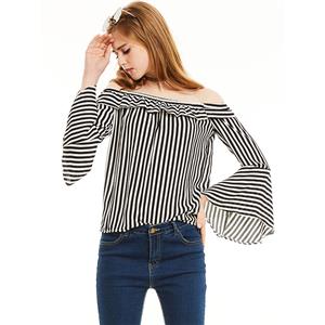Black Checked Blouses, Sexy Women's Blouses, Black Blouse Top, Sexy Blouse for Women, Bell Sleeve Blouse, Black Stripe Blouses, #N14875