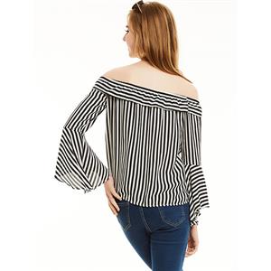Women's Sexy Black Stripe Off Shoulder Bell Sleeves Blouse N14875