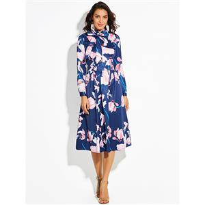 Sexy Midi Dress for Women, Fashion Midi Dresses, Vintage Party Dress, Tie Neck Midi Dress, Floral Print Dresses, Blue Vintage A-line Dress, #N15328