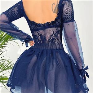 Sexy Blue Floral Lace See-through Long Sleeve Mini Dress with Thong Lingerie N23086