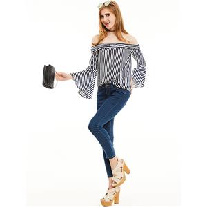 Women's Sexy Blue Stripe Off Shoulder Bell Sleeves Blouse N14876