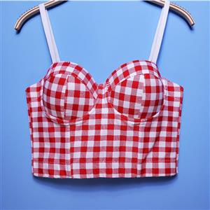 Sexy Red And White Checkered Padded Underwire B Cup Bustier Bra Clubwear Crop Top N20532
