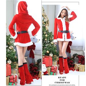 Sexy Women's Christmas Red Hooded Long Sleeves Velvet Mini Dress XT18625
