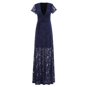 Women's Sexy Dark Blue Lace Short Sleeve Deep V Neck Maxi Prom Evening Gowns N16043