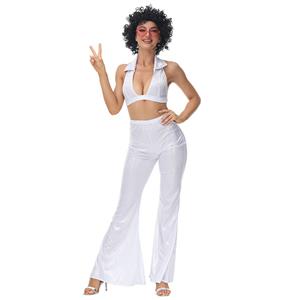 70s Disco Dancing Queen Halter Bra Top and Bell-bottoms Trousers Adult Cosplay Costume N22022